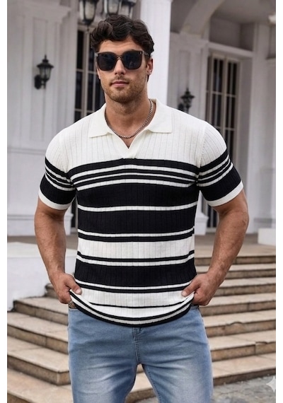 Cool Tarz Erkek Çizgili Triko Polo Yaka Slim Fit T-shirt Beyaz Beyaz