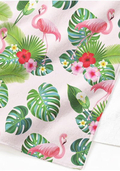 Flamingo Tropikal Yapraklı Plaj Havlusu - Pembe Yeşil Bohem Yazlık Hızlı Kuruyan Mikrofiber Havlu Kumlu Yosun