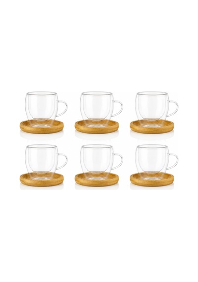 6'li Çift Cidarlı Cam Kupa & Bambu Tabak Seti Espresso & Türk Kahvesi Fincan Takımı 90 Ml Çok Renkli