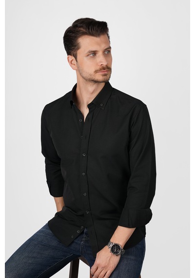 Siyah Yaka Düğmeli Premium Şamre Slimfit Erkek Gömlek Siyah Siyah Yaka Düğmeli Premium Şamre Slimfit Erkek Gömlek Siyah