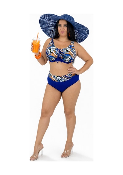 Büyük Beden Sabit Kaplı Telli Desenli Üst Bağcık Detaylı Yüksek Bel Kadın Bikini Takımı