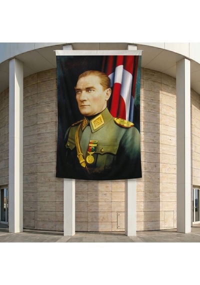 Üniformalı Gazi Mustafa Kemal Atatürk- Ay Yıldız Bayrak Poster Bayrak Premium Raşel Kumaş Ata17 2x3m Diğer