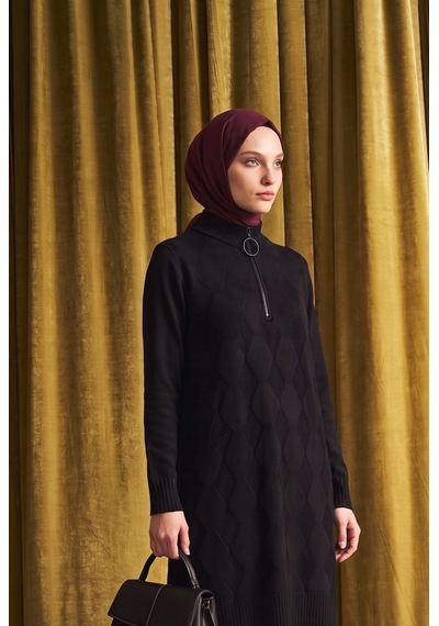 Armine Trend Baklava Desenli Fermuar Yaka Uzun Triko Tunik Siyah 25ktd4112