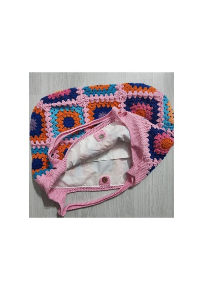 Almin Canlı Renkli Kare Motifli Tığ İşi Örgü Omuz Çantası Pembe Pembe
