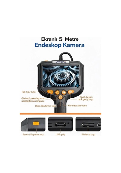 Monitörlü Tek Kameralı 10 Mt Sert Kablo Yılan Endoskop Kamera 5,5 Mm 4.3 Inc Ekran Ip67 Su Geçirmez Led Işıklı Çok Renkli