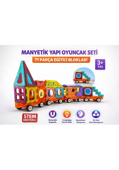 71 Parça Manyetik Yapı Oyuncak Seti Magnetik Tren Blok İnşa Oyunu