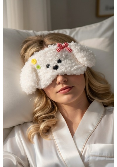 Caş Dekorasyon Beyaz Renk Köpek Motif Peluş Uyku Bandı Beyaz