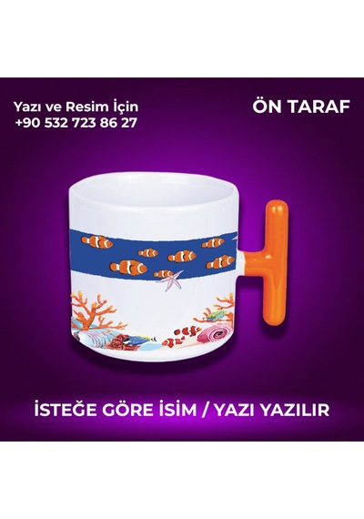 Kişiye Özel Balık Desenli T Kulplu Renkli Kupa- Çok Hoş Hediye Turuncu