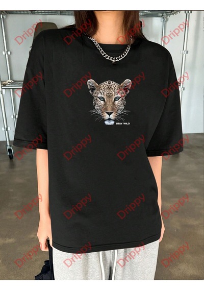 Flood Of Style Leopar Stay Wild Baskılı Oversize Unisex Yıkamalı Tshirt Siyah Flood Of Style Leopar Stay Wild Baskılı Oversize Unisex Yıkamalı Tshirt Siyah