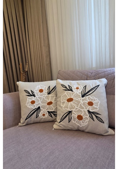 Punch İşlemeli Modern Tasarım Dekoratif 2'li Kırlent Kılıfı Nakışlı Keten 43x43 Cm Papatya