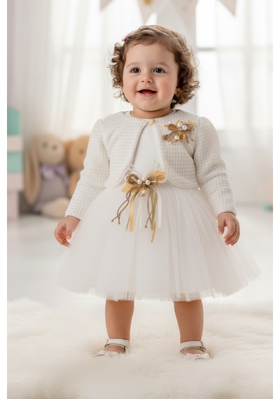 Mnk Baby & Kids Triko Bolerolu Kız Bebek Elbise M00770 Krem