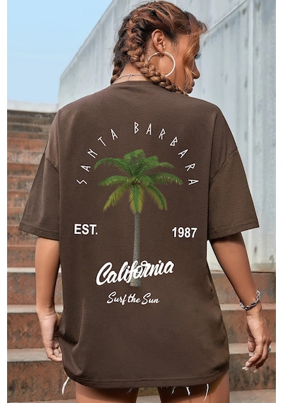 California Baskılı Unisex Oversize Tshirt Kahverengi