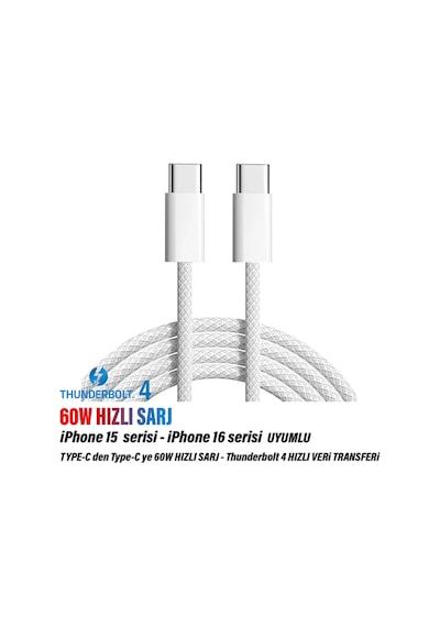 Apple Uyumlu iPhone 16-16 Plus-16 Pro-16 Promax Type-c Şarj Kablosu Thunderbolt 4 Usb-c Hızlı 60w