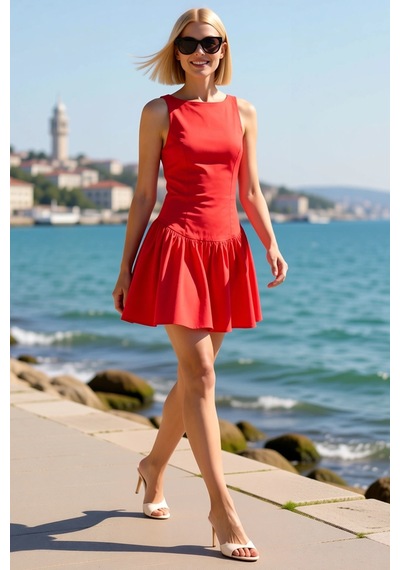 Benerly Kadın Kolsuz Kayık Yaka Skater Mini Elbise %100 Pamuk Gabardin Do Nar Çiçeği