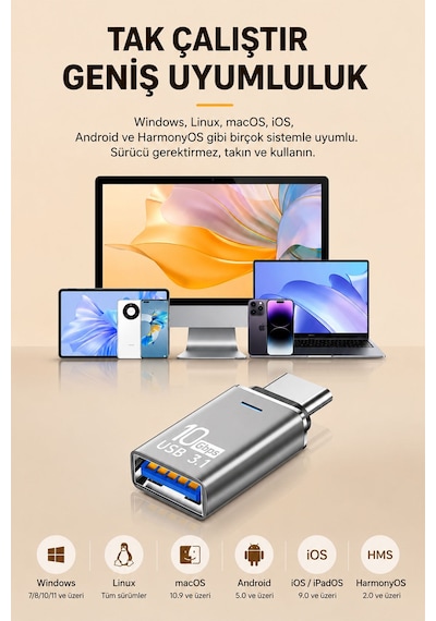 Type-c - Usb 3.1 Otg Dönüştürücü Adaptör, Usb-c Erkek Usb-a Dişi Çevirici, 10gbps Hızlı Veri Aktarımı, Harici Disk Klavye Mouse Hub Uyumlu, Alüminyum Gövde S602
