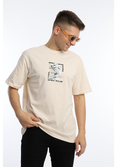 Erkek Oversize Fit Open Your Eyes Baskılı Tişört Ekru