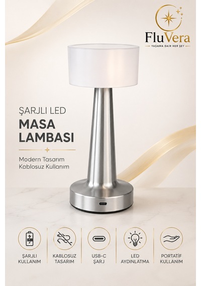 Şarjlı Gümüş Led Masa Lambası Kablosuz Dokunmatik Gece Lambası Usb-c Portatif Metal Gövdeli Gümüş