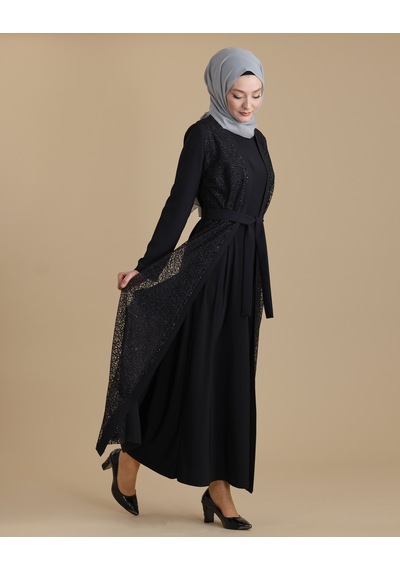 Siyah İkili Abaya Transparan Kristal Taşlı Kemerli Tesettür Ferace 001