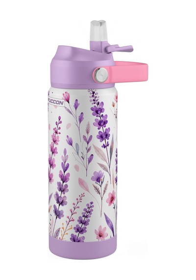 Puccon 540 Ml Çiçek Desenli Lila - Mor Kız Çocuk Pipetli Çelik Termos Matara/suluk - 60055