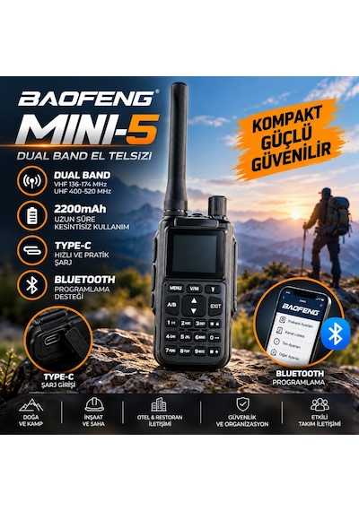 Baofeng Mını-5 Dual Band El Telsizi 2200mah Type-c Bataryalı Bluetooth Programlama Siyah