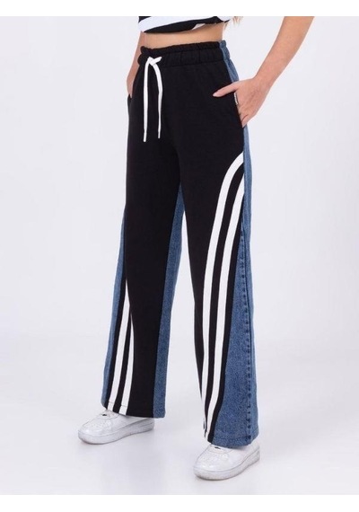 Zekids Kız Çocuk Şeritli Bol Paça Denim Pantolon-13453-siyah Siyah