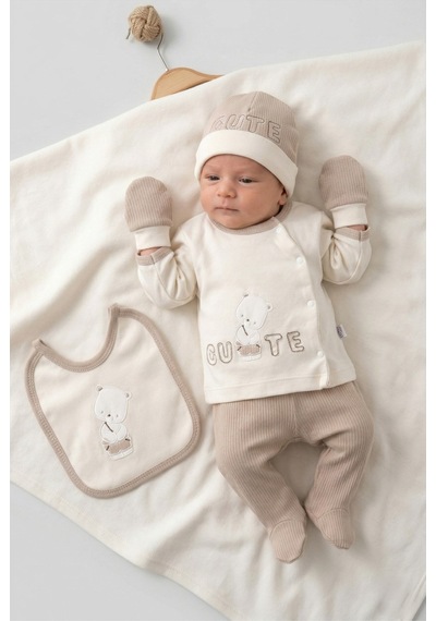 Zeynuko Erkek Bebek Cute Bear Pamuk 0-3 Ay 5'li Yenidoğan Hastane Çıkışı Zıbın Seti Kahverengi