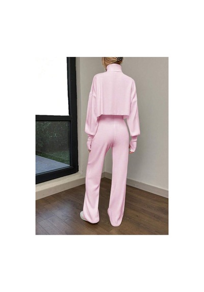 De Pose Pembe Parmak Geçmeli Crop Yüksek Bel Triko Takım