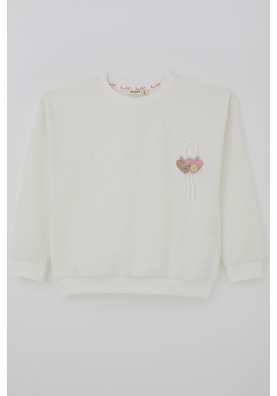 Breeze Kız Çocuk Sweatshirt Waffle Dokulu Kalpli Ponponlu Arma Detaylı 5-9 Yaş, Ekru Ekru