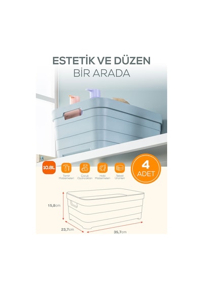 Vienev 4'lü 10,8 Litre Saklama Kutusu Bej Bej