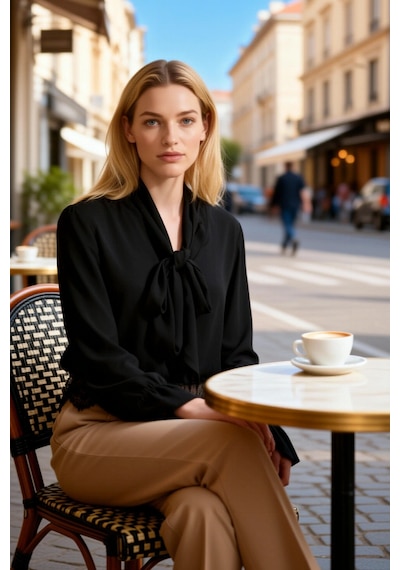 Benerly Kadın Bluz Fular Yaka Uzun Kol Dokuma Krep Kumaş Dantel Detaylı R siyah