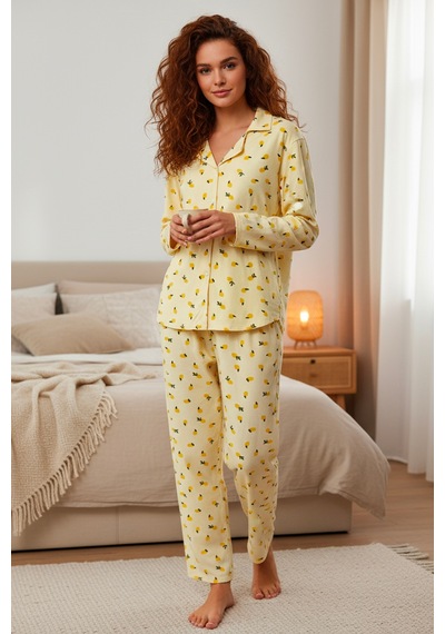 Süet Gömlek Pijama Takımı 7006 Limon Sarı