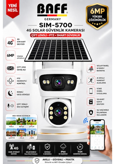 SIM-5700 6MP 4G SIM Kartlı Solar Güvenlik Kamerası Çift Lens PTZ Renkli Gece Görüşlü Dış Mekan (ICSEE)