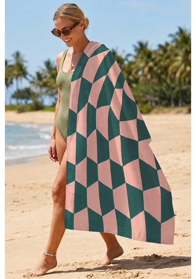Geometrik Modern Şık Plaj Havlusu - Retro Somon Yeşil Akdeniz Hızlı Kuruyan Mikrofiber Havlu Eski Yasemin