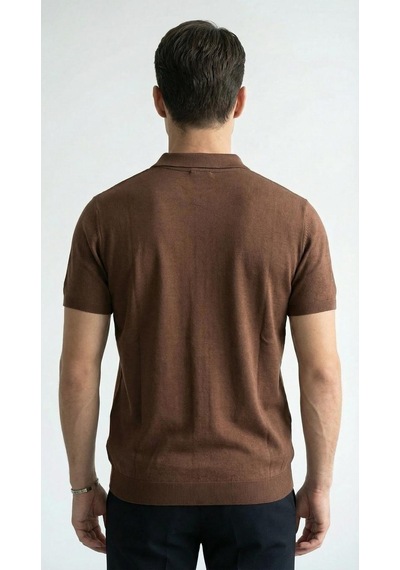 Plus Scorpion Erkek Polo Yaka Fermuarlı Triko Tişört Dokulu Slim Fit Kahverengi