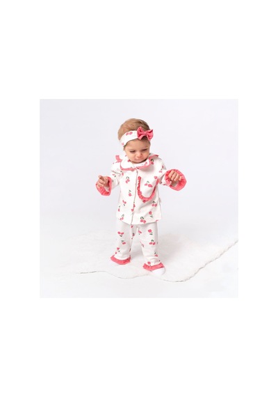 Bebegen Kız Çocuk Ekru Pembe Lale Desenli Fırfırlı Bandanalı Pijama Takımı Çok Renkli