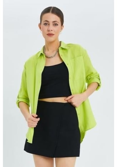 Mixray 9942 Kadın Oxford Uzun Kol Basic Gömlek Neon Yeşil