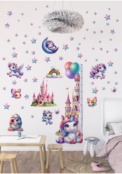 Unicorn Temalı Gökkuşağı Renkli Boy Ölçerli Duvar Sticker Seti - Mat, Sökülebilir, Çocuk Odası Dekoru 01