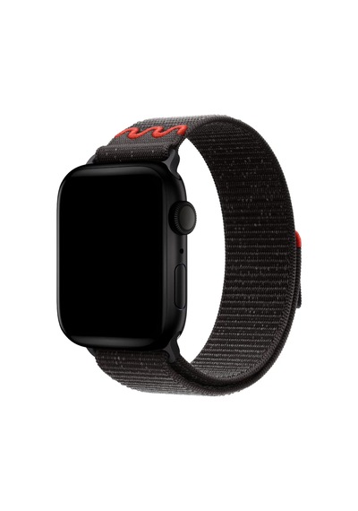 Caseonn Apple Watch Uyumlu Series 9 45mm Kordon Dikişli Spor Cırtlı Kumaş Kayış Siyah Kırmızı