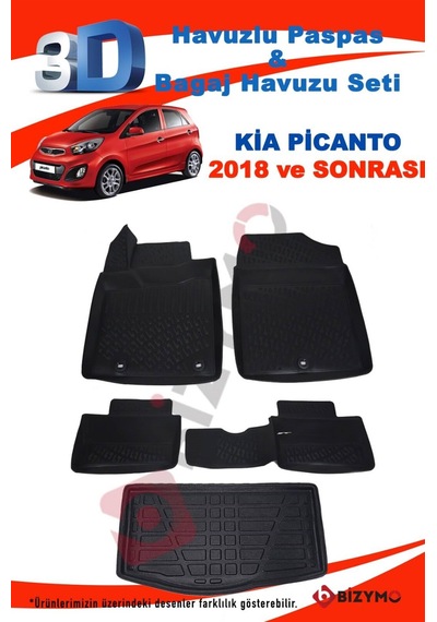 Kia Picanto 2018 Ve Sonrası 3D Havuzlu Paspas + Bagaj Havuzu Seti Siyah
