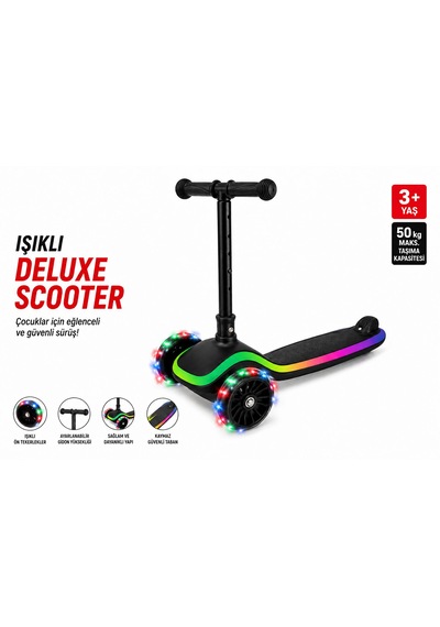 Işıklı Scooter Ön Işıklı Tekerlekler Ayarlanabilir Ön Gidon Kaymaz Güvenli Taban 3+ Yaş Siyah