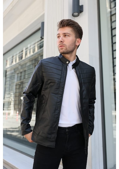 Erkek Siyah Iç Cepli Slim Fit Deri Ceket 001