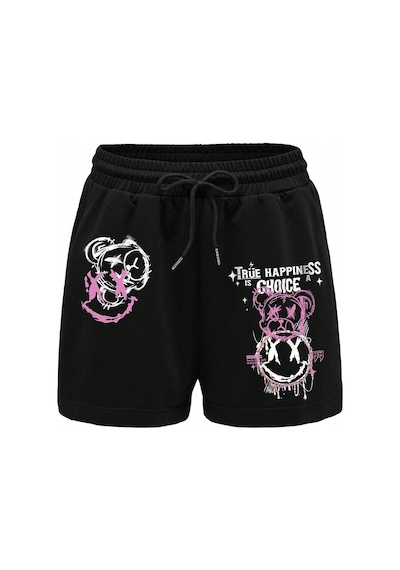 Cartoon Graphic Drawstring Waist Şort Siyah
