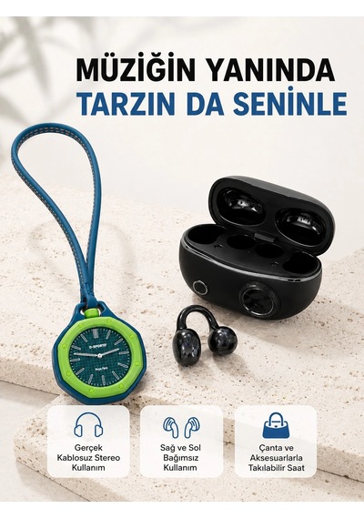 Mey İthalat Kablosuz Kulaklık Ve Yeşil Askılı Çanta Charm Saat Kampanya Seti Şarj Kutulu Bluetooth Kulaklık