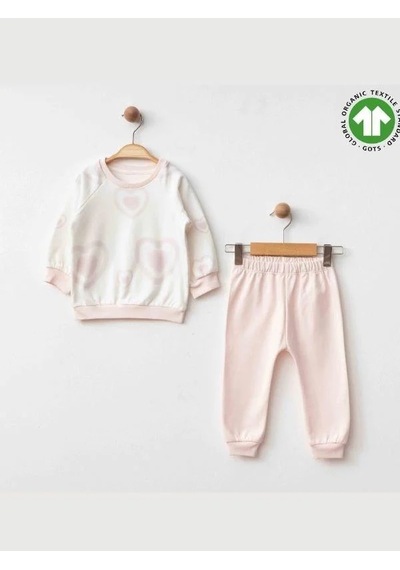 Zekids Kız Bebek Kalp Desenli Organik Eşofman Takım-15474 Pudra