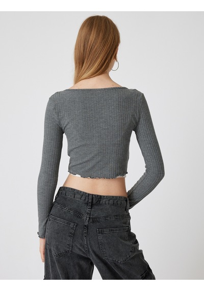 Koton Uzun Kollu Tişört Crop U Yaka Düğmeli Slim Fit Antrasit 5wal10225ık Antrasit