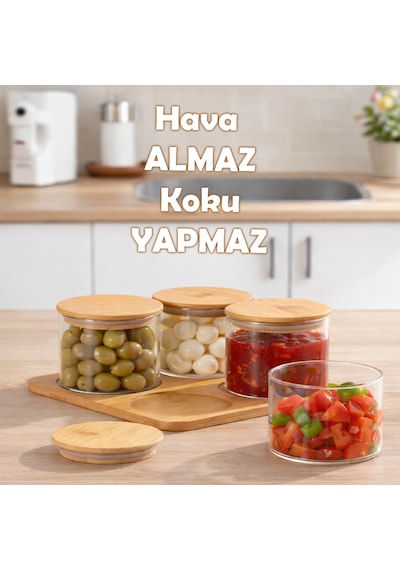 Porsima Hf009006 Yuvarlak 4lü Hava Geçirmez Bambu Standlı Cam Kahvaltılık Seti Bambu Kapaklı Saklama Kabı 250ml Şeffaf