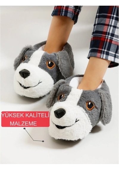 Papucumun Dünyası Unisex Yumuşak Taban Sevimli Köpek Panduf Yetişkin Ve Çocuk Kız Ve Erkek Panduf Gri