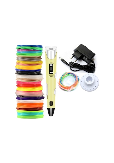 Sarı Renk 3D Pen Kalem Yazıcı ve 20 M Pla Filament 10 Renk x 2 M