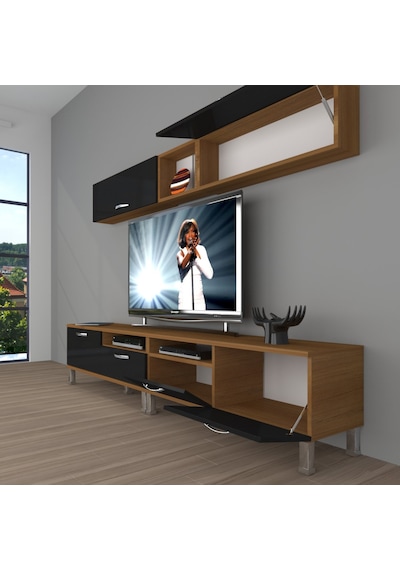 Decoraktiv Eko 5200 Mdf Krom Ayaklı Tv Ünitesi Tv Sehpası Ceviz - Siyah