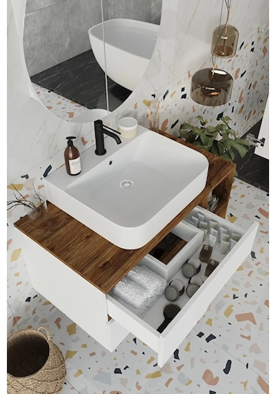 Koza Beyaz 90 Cm %100 Mdf Lavabolu Banyo Dolabı Ayna Lavabo Beyaz